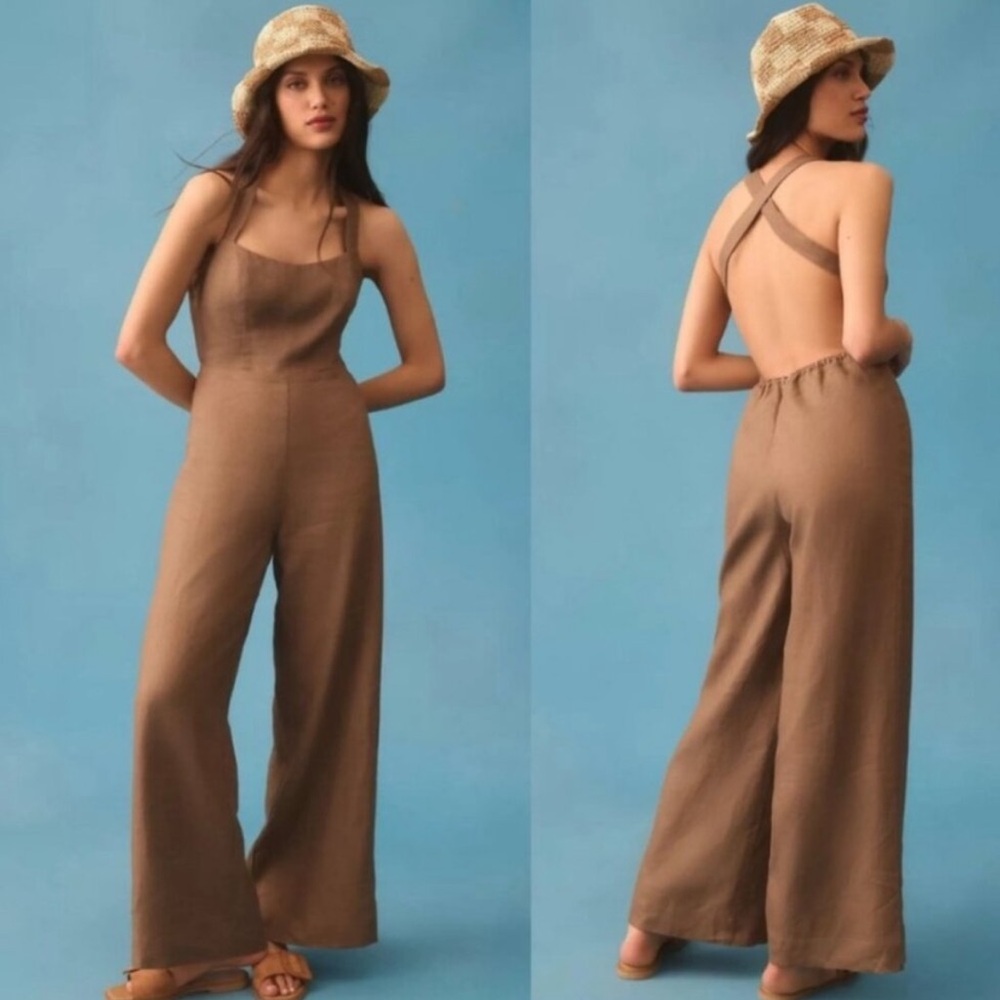 Reformation Autumn Linen Jumpsuit in mushroom Anthropologie exclusive